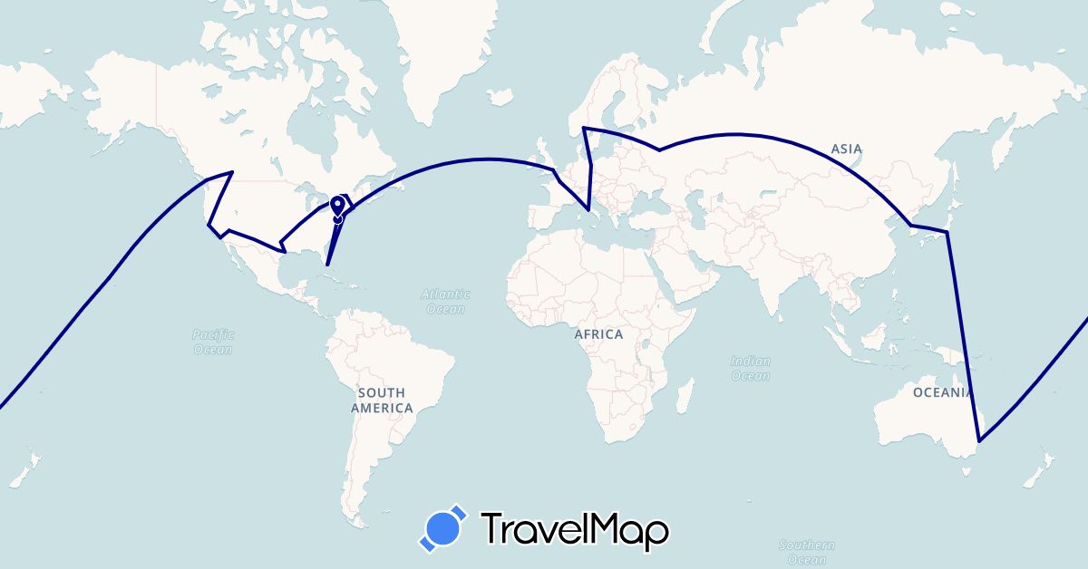 TravelMap itinerary: driving in Australia, Canada, Germany, France, United Kingdom, Italy, Japan, South Korea, Norway, Russia, Sweden, United States (Asia, Europe, North America, Oceania)